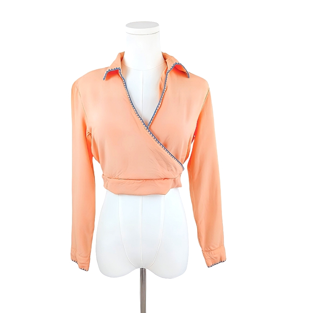 Women's Peach Wrap Blouse with Contrast Trim